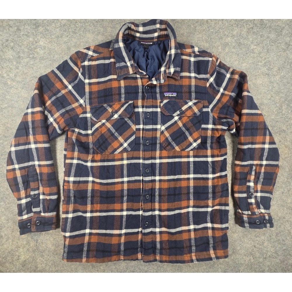 Patagonia Insulated Fjord Flannel Jacket Mens Large Navy Orange Plaid Jacet